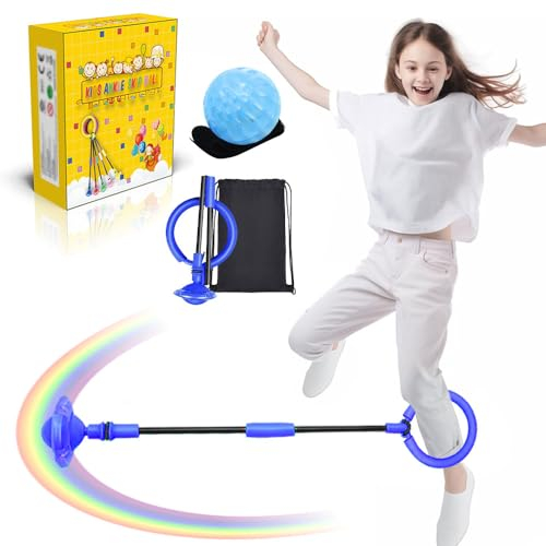 Anyingaki Springring Fußkreisel Kinder,Swing Wheel mit Lichtrad,Fußkreisel mit Licht,2 Stück Kinder Blinkender Springring und Ball mit Schnur,Sport Spielzeug für Kinder (Blau)