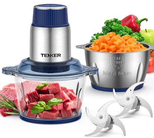 TENKER Food Processor with 2 Bowls (2L+2L), Electric Food Chopper with 2 Sets of Bi-Level Blades, Meat Grinder for Meat, Vegetables, Fruits and Nuts, BPA Free, Safety for Baby Food