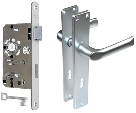 SN-TEC BKS Zimmertür/Wohnungstür/Badezimmer Komplett Set, inclusive Aluminium Schild Beschlag (BB Buntbartschlüssel, DIN RECHTS, Langschild 215mm x 40mm)