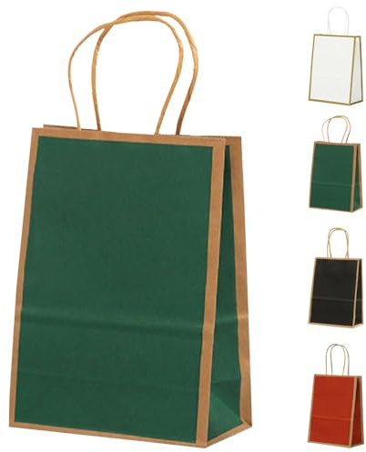 MORAINJAY 20 bolsas de regalo de papel verde con marco marrón, bolsas de fiesta de papel kraft, bolsas de dulces de 15 x 8 x 21 cm con asas, pequeñas bolsas coloridas para regalos, regalo de