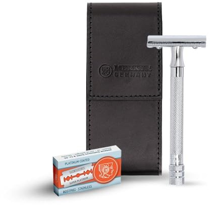 MERKUR Premium Rasierset 5005 | Bundle mit MERKUR Rasierhobel 23C, 10 Doppelklingen und schwarzem Lederetui | Ideal für die Reise | Dreiteiliger Rasierer mit geradem Schnitt | Glanzchrom