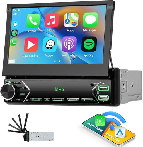 [Upgrade Wireless] CAMECHO Radio de Coche 1 DIN Inalámbrico con Carplay y Android Auto, Pantalla Motorizada de 7 Pulgadas, Bluetooth Manos Libres, Mirror Link, FM, USB/TF/AUX-In