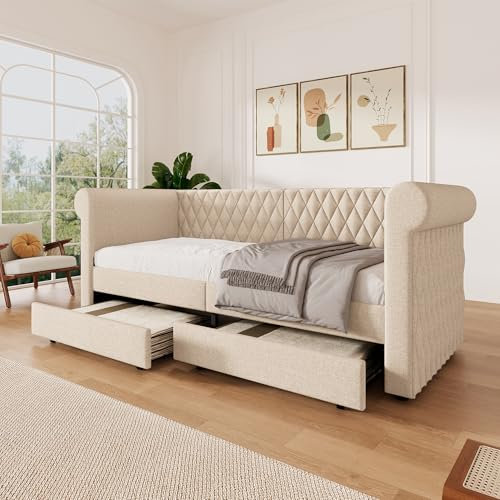 Merax Polsterbett Tagesbett 90x200cm mit 2 Schubladen, Vintage Schlafsofa Einzelbett mit Lattenrost und hohe Armlehnen, Funktionsbett, Jugendbett & Kinderbett & Gästebett, Linen, Ohne Matratze, Beige