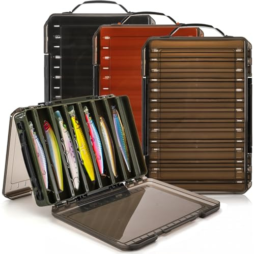 Noamus 3 Pack Double Sided Fishing Tackle Boxes, 14 Compartments Fishing Lure Organizer with 2 Buckle, Plastic Clear Storage Case, Visible Hard Bait Container for Jewelry Beads Earring Hook(3 Color)