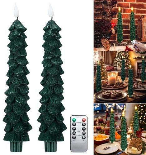 CHENRI Flameless Christmas Tree LED Candles, 2PCS, White, Plastic, Battery Powered, Remote Control, Timer, Tabletop, Indoor, Decorative
