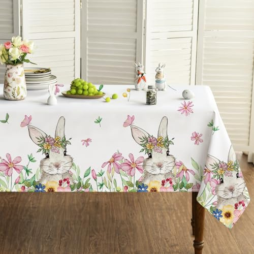 Artoid Mode Blumen Kaninchen Hasen Frohe Ostern Tischdecke 140x160 cm, Saisonnal Frühling Fleckschutz Tischwäsche Küche Dekoration Party Dekor