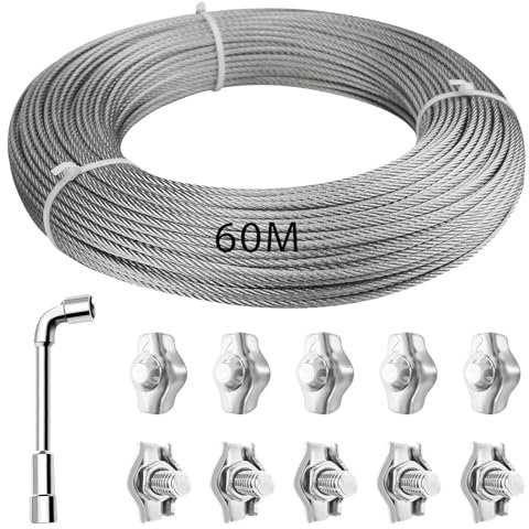 KOMABLEN 60m Cable Acero 2mm, 304 Inoxidable Cable de Acero con Abrazadera de cable, Núcleo de 7 x 7 Tensor Cable Acero Cuerda Tendedero Exterior para Soporte Planta, Esgrima, Toldos
