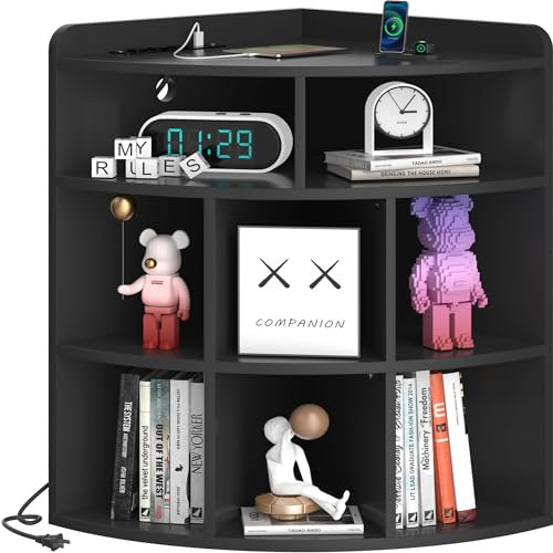VECELO 3-Tier Corner Bookcase, Bookshelf with Charging Station, Freestanding Storage Unit for Living Room, Bedroom, Home Office, 50x50x80cm