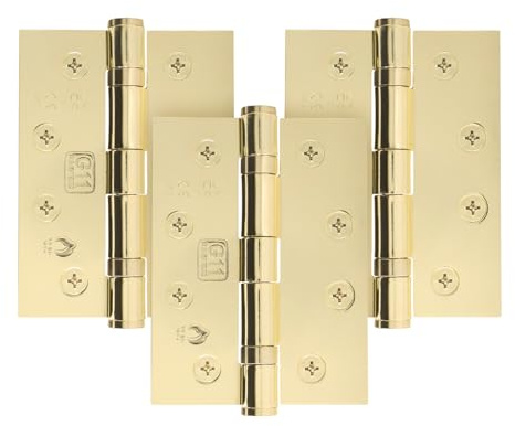 EAI Polished Brass Door Hinges, 102mm / 4 Inch, 1.5 Pairs Fire Rated | Internal Fire Door Hinges, Perfect for Wooden Doors, Smooth Operation, Ball Bearing Hinges, Fixings Included