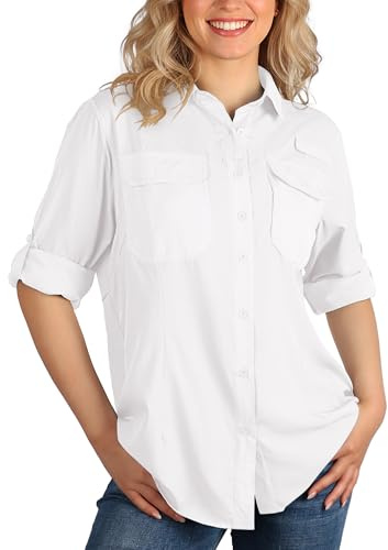 33,000ft Camisa de botones para mujer UPF50 Protección UV Camisa de secado rápido con botones Blusas transpirables para senderismo Ropa de safari para ocio, pesca, viajes, Blanco, S