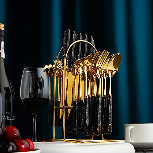 SDGBCXD, Set di Posate in Argento, 24 Pezzi, Set da tavola in Acciaio Inossidabile 304, Set di Posate con Manico in Ceramica, forchetta, Cucchiaio, Coltello, Lavabile in lavastoviglie, 24 Pezzi,Posat