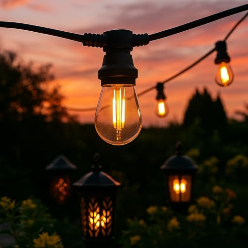 LY Sweden Catena Luminosa da Esterno, 10-100m, IP65 Impermeabile, E27 LED, Cavo Piatto in Gomma, Nero, Dimmerabile, 2200K Bianco Caldo, Illuminazione Decorativa per Giardino (20m con 20 lampade)