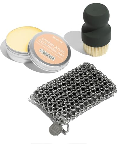 Made In Cookware - 3-Piece Carbon Steel Cleaning Set - Includes Chain Mail Scrubber, Cleaning Brush and Carbon Steel Seasoning Wax