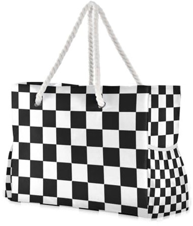 voucong Buffalo Plaid Check Nero Bianco Borse Da Viaggio Per Le Donne Impermeabile Sandproof con Tasche Laterali Grandi Borse Tote per Palestra Viaggi Quotidiani, Buffalo Plaid Check Nero Bianco, 1