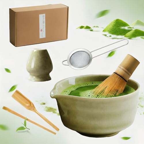6-teiliges Matcha-Tee-Schneebesen-Set, Keramik-Matcha-Schale mit Ausguss, komplettes Matcha-Tee-Set-Schneebesen-Starter-Kit für Anfänger und Enthusiasten (Grün)