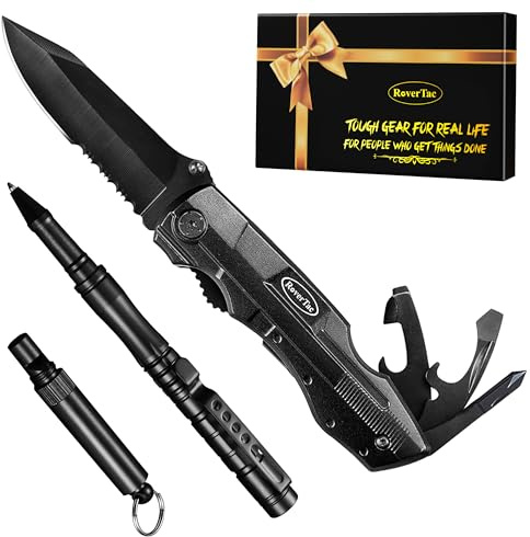 RoverTac Set di utensili da regalo per uomo, coltello multiuso 15 in 1, penna a sfera con rompivetro, fischietto di emergenza, perfetto per il campeggio, la sopravvivenza e il kit di attrezzi per auto