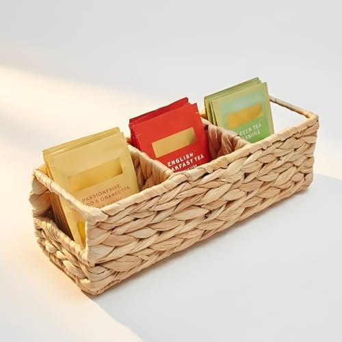 Tihoda Triluxe Wicker Tea Bag Organizer, 3-Compartment Water Hyacinth Tea Holder for Countertop, Compact Tea Caddy & Sugar Packet Holder for Tea Station