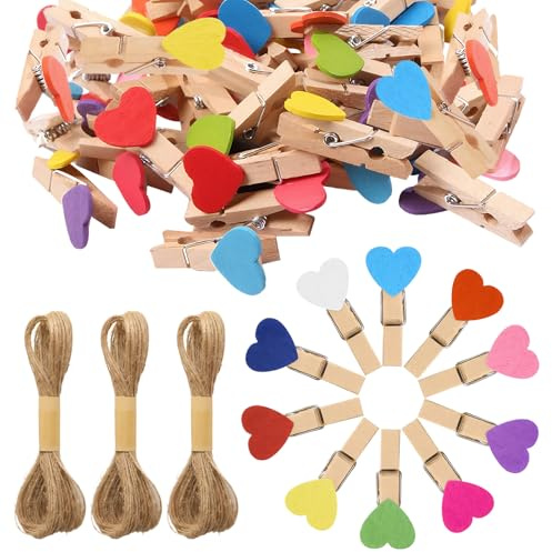 200 Pinces À Linge en Forme De Cœur 30 Mètres De Corde De Jute Pinces À Linge Pince A Linge Bois Mini Pince A Linge Convient pour L'artisanat Les Photos Les Cadeaux Etc (10 Couleurs Mélangées)