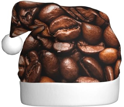 UENFFKDAP Lustige geröstete Kaffeebohnen, bedruckte Plüsch-Weihnachtsmütze, Erwachsene, Unisex, Samt, bequem, Weihnachten, Party, Silvester, Urlaub, Party-Dekorationen