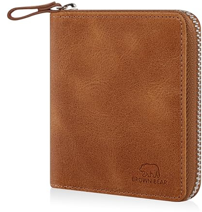 BROWN BEAR Geldbörse Reißverschluss Leder RFID-Schutz & Münzfach - 8009 CBR | Echtleder Portemonnaie Braun Cognac Vintage für Damen & Herren BB Design Geldbeutel Zip umlaufend