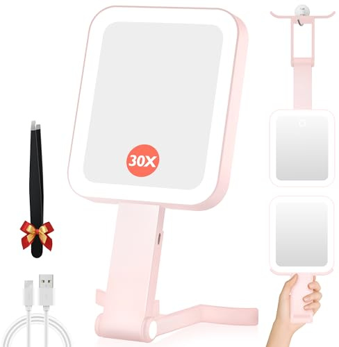 Magnifying Travel Mirror with Light, 30X/1X Double-Sided Magnifying Mirror with 3 Color Lights, Brightness Adjustable,Foldable Handheld Makeup Mirrors Portable for Travel and Desktop Use, Pink