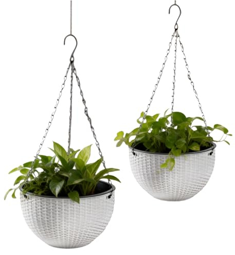 Blumenampel, 2er Set Hängeblumentöpfae 16,5 cm Hängetopf für Pflanzen Blumentopf hängend für Innen und Außen mit rostfreien Ketten Kunststoff Pflanzgefäß ideal für Balkon Terrasse Wohnzimmer, Weiß