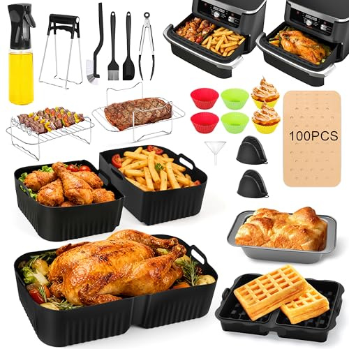 Charmofun Accesorios Freidora de Aire, 27 Piezas Air Fryer Accesorios para Ninja Flexdrawer 10,4L AF500EU/AF500EUCP, con Botella Pulverizadora de Aceite, Molde para Gofres, Moldes de Silicona para Pas