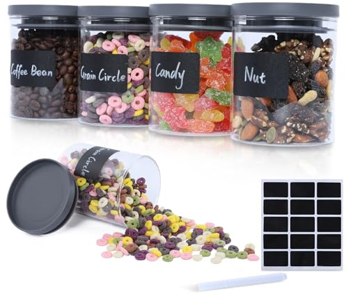 OTraki 4er Set Vorratsgläser mit Deckel Luftdicht Glasbehälter mit Deckel, Vorratsdosen Glas mit 1 weißem Stift und 15 Etiketten, Aufbewahrungsgläser für Küche Spaghettil Pasta Müs Keksdose