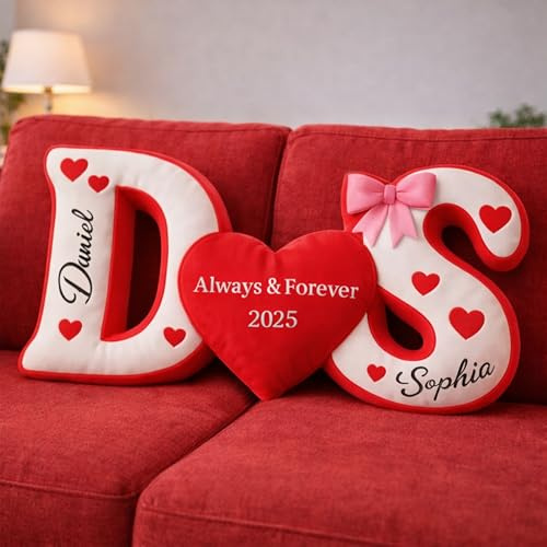 HHLYN14 Custom Letter Couple Pillow Set with Personalized Names, Romantic Heart Shaped Cushions, Matching Love Decor Gift for Valentine's Day Anniversary Wedding Bedroom Sofa Accent