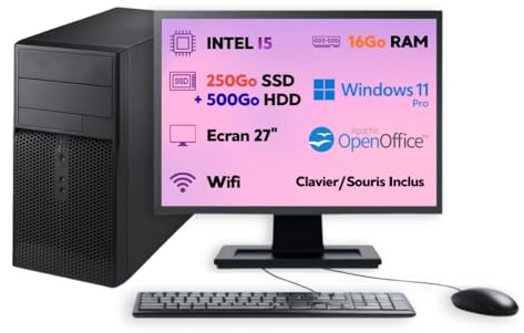 PC Tour Reconditionné Intel Core i5 3.4GHz — Écran 27 Pouces • RAM 16 Go • SSD 250 Go + HDD 500 Go • Windows 11 Pro • Wi-FI — Garantie 12 Mois