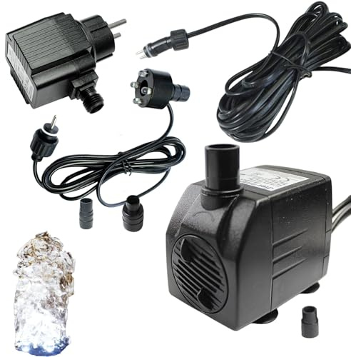 Arnusa Springbrunnenpumpe mit 1x LED Quellsteinbeleuchtung kaltweiß Spot Teichpumpe Wasserpumpe Bachlaufpumpe 12V IP44 Steckernetzteil (450 l/h)