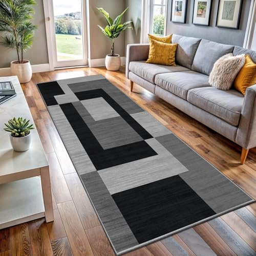 BedLooms Runner Rugs for Hallway 60x220 cm Geometric Pattern Carpets living room Printed Black and Grey Runners for Lounge Office Bedroom (Milo Black and Grey)