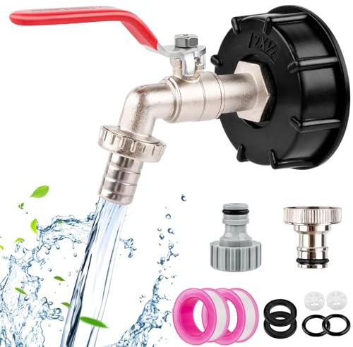 Grifo para Tanque IBC 1000l, Adaptador IBC 1/2, Adaptador de Depósito IBC con Conector de Manguera, Fabriqué en laiton, para Exterior Jardin Deposito Agua Lluvia Adaptador