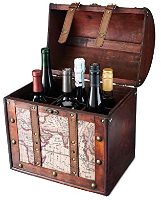 Twine Old World 6 Wooden Wine Bottle Gift Box - Wine Decorative Storage Box with Lid and Handle, Wine Accessory Sets, Wood, Faux Leather in Antique Map Design Liquor Gift Box