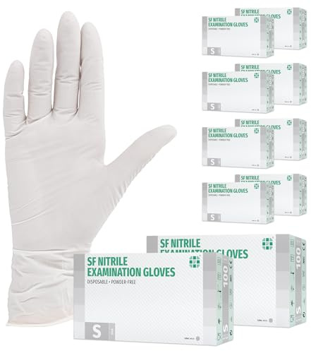 SF Guantes de nitrilo S blancos – 1000 (10x100) unidades, guantes desechables sin polvo, sin látex, médicos y de examen, aptos para cocina, limpieza, cosmética y uso doméstico