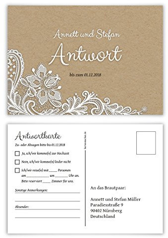 20 x Antwortkarte Hochzeit Hochzeitskarten Antwort Postkarte - Rustikal Kraftpapier Look