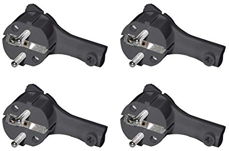 Schutzkontakt-Winkelstecker 250V, 16A, Flachstecker mit Klappgriff & Knickschutz, 8 mm Höhe, für Kabel bis 3x1,5 mm², CEE 7/7, Schuko-Winkelstecker extraflach mit Bügel, 4 Stück, Schwarz