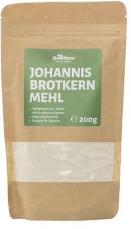 RheinNatur Johannesbrödmjöl 200 g - 100% naturlig produkt gjord av malda johannesbrödfrön - Veganskt förtjockningsmedel, bindemedel och mjölalternativ