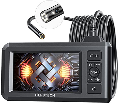DEPSTECH Dual Lens Industrial Endoscope, 1080P Digital Borescope Inspection Camera with 7.9mm IP67 Waterproof Camera, Sewer Camera with 4.3 LCD Screen, 7 LED Lights,16.5FT Semi-Rigid Cable, 32GB Card
