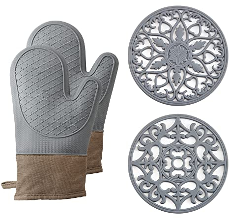 Domonic Home Oven Mitts and Pot Holders Sets, Silicone Oven Mitts Heat Resistant 600F, Oven Mitt Set Soft Lining Good Grip, Oven Gloves and Trivet Mats 4 Piece Set, Grey