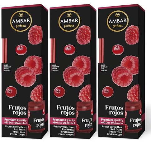 Ambar Perfums Ambientador Mikado Frutos Rojos. Ambientador de Varillas 0% Alcohol, +60 días duración. (Pack 3 uds. x 45 ml)