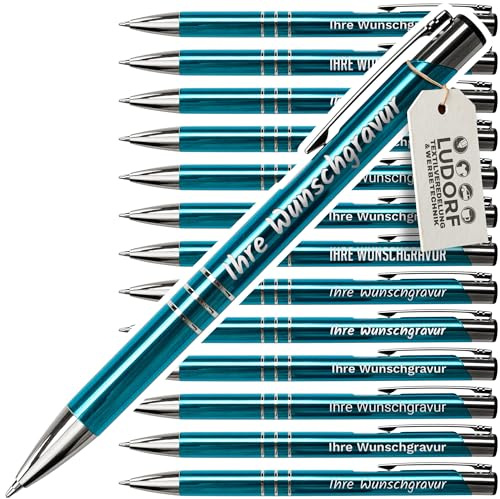 #teamludorf 10x Metall-Kugelschreiber mit Wunsch-Gravur - Personalisierte Kulis - Stift - 14 Farben & 20 Schriftarten - 10 Stück - Türkisblau
