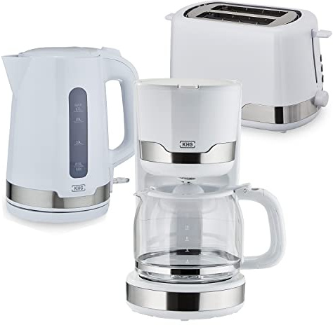 KHG Frühstücksset Kaffeemaschine Toaster Wasserkocher 3-teilig in weiß, 1.000, 850 & 2.200 Watt, Küchenset mit Kapazität 1,7 Liter Kochwasser, 2 Scheiben Toast & für 12 Tassen Kaffee