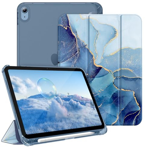 Fintie Hülle für iPad (A16) 11./10. Generation (2025/2022) mit Stifthalter | Für iPad 11/10.9 Zoll, ultradünne, leichte Schutzhülle, Hart-PC Transparente Rückseite, Auto Schlaf/Wach, Marmor Blau