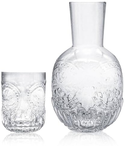 LIUCONGBD Vintage sängbord vattenkaraff och glasuppsättning, sängvattenkaraff med koppglas, klar munsköljskaraff för badrummet, vattenkanna och kopp nattset