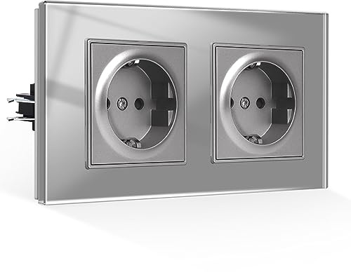 CNBINGO Doppelsteckdose Unterputz mit Krallen, Schuko Steckdose Gehärteter Glasscheibe, Grau Schutzkontakt Wandsteckdose, 2-Fach, 16Amp, 250V