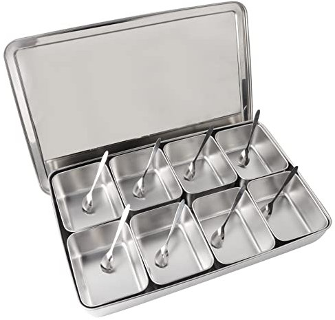 Contenedor De Almacenamiento De Especias, Caja De Condimentos De Aleación De Aluminio De 8 Rejillas Plateadas De 17,8x11,8x2,7 con Cuchara, Tarro De Especias Para Utensilios De Cocina Para El Hogar