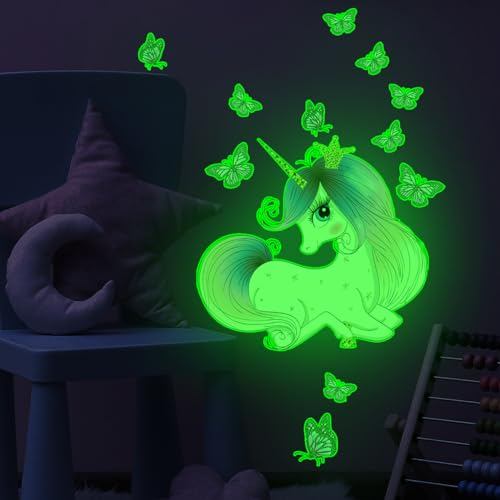 COVPAW Wandtattoo Leuchtend Einhorn Kinderzimmer Leuchtsticker Einhorn Leuchtend Wandaufkleber Mädchenzimmer Schmetterlingen Leuchtaufkleber Fluoreszierend Wandaufkleber Babyzimmer Deko (A)