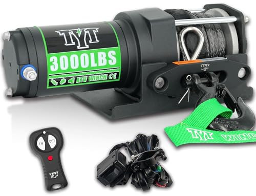 TYT Verricello ATV da 3000 libbre, verricello elettrico da 12 V CC con telecomando wireless e interruttore cablato, corda sintetica per verricello da 1/5 x 32FT con passacavo e piastra di montaggio