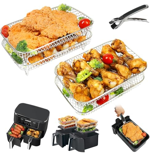 BYKITCHEN Large 4 Layers Air Fryer Racks, 304 Stainless Steel Rack with Clip, Air Fryer Accessories for Ninja Dual AF400UK/AF451UK 9.5L/Tower/Instant Vortex/EMtronics Double Drawer Fryers